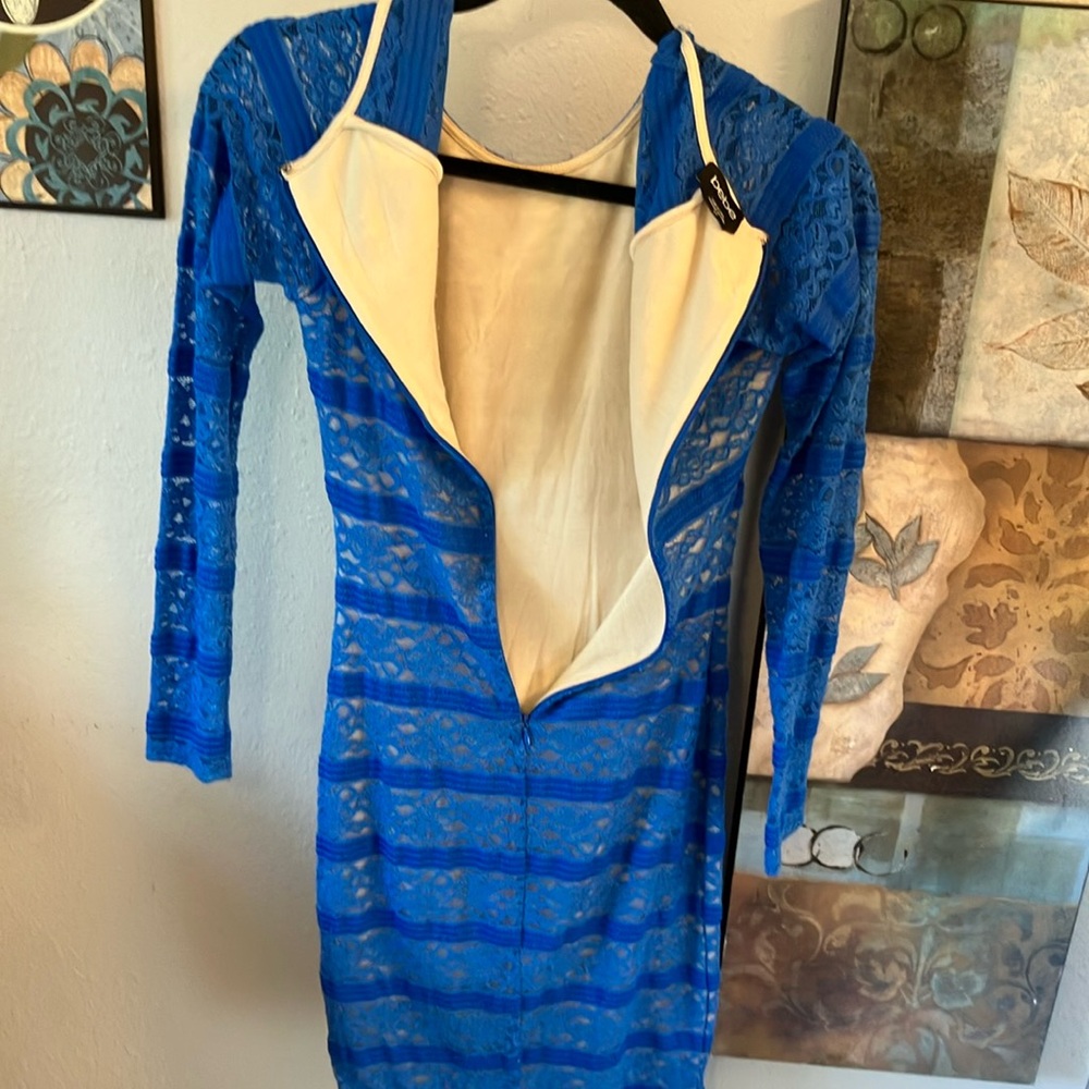 Bebe Blue Lace Dress with Long Sleeves Gorgeous Body-con Stretchy S - Picture 10 of 16